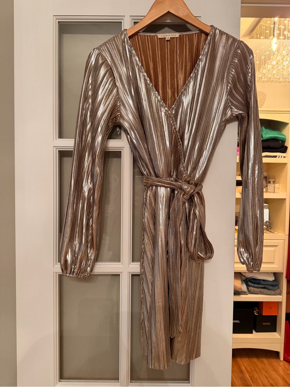 Copper Key Metallic Bronze Wrap Midi Dress